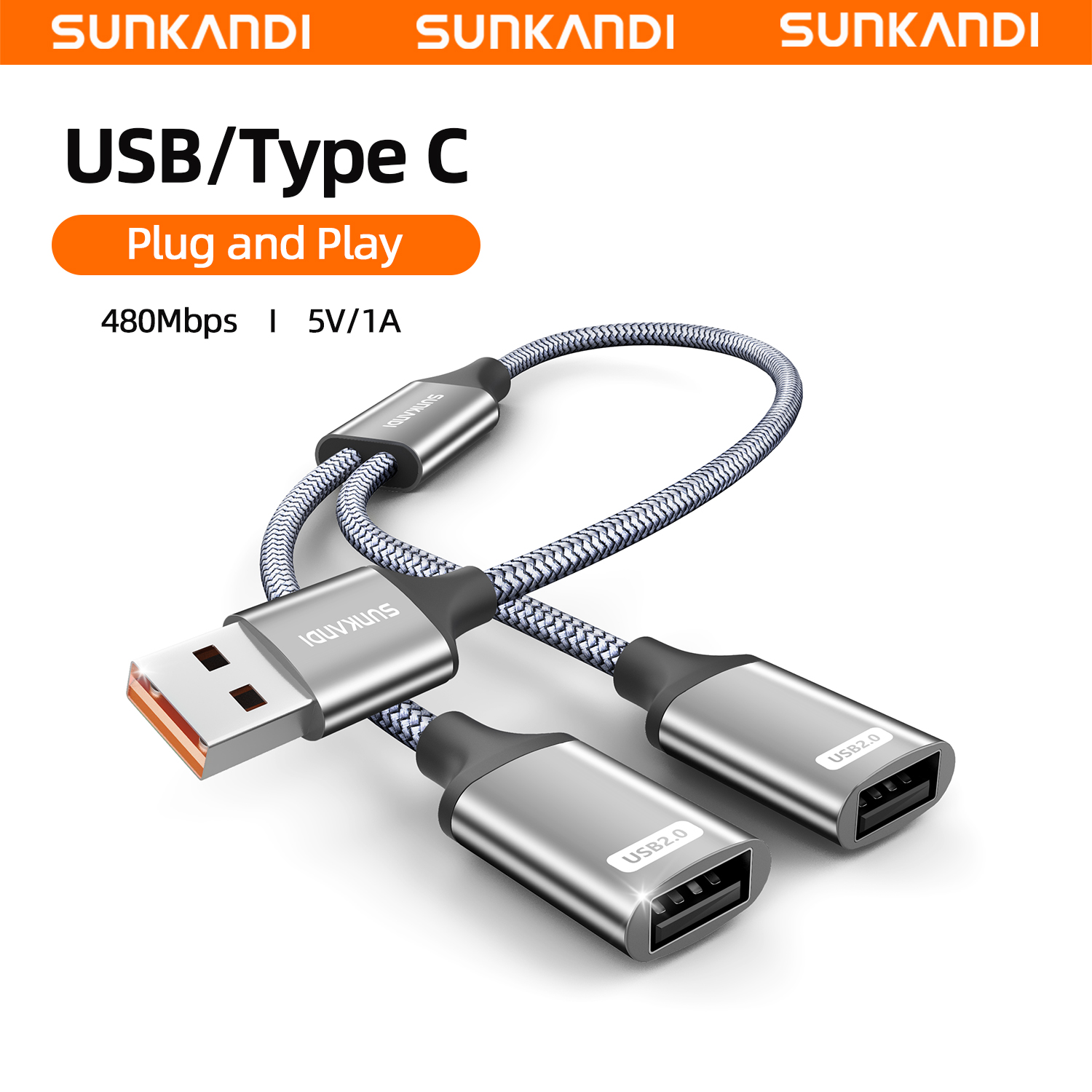 Usb Hub Type C - SUNKANDI USB Aスプリッター、USB 2.0 Aオス-USBメスハブ電源延長ケーブル（車、PS4、PS5、ノートパソコン、キーボード用）