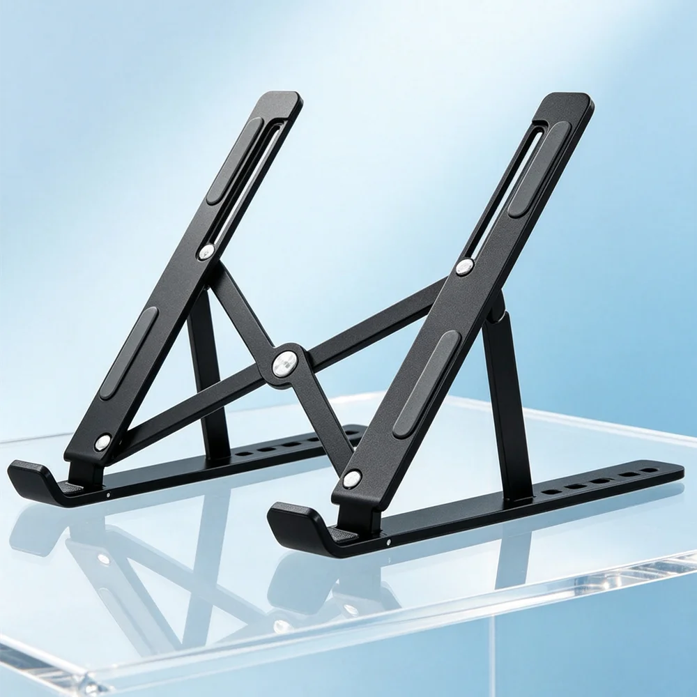 Cooling Stand Tablet - アルミニウム合金製ノートパソコンスタンド。折りたたみ式で滑り止め加工が施されており、ノートパソコンを支え、冷却効果を高める。