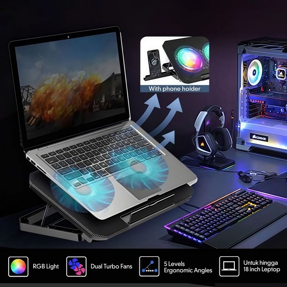 2つのファン搭載RGBノートパソコンクーラー、スマホホルダー - Cooling Stand Tablet のレビューと価格